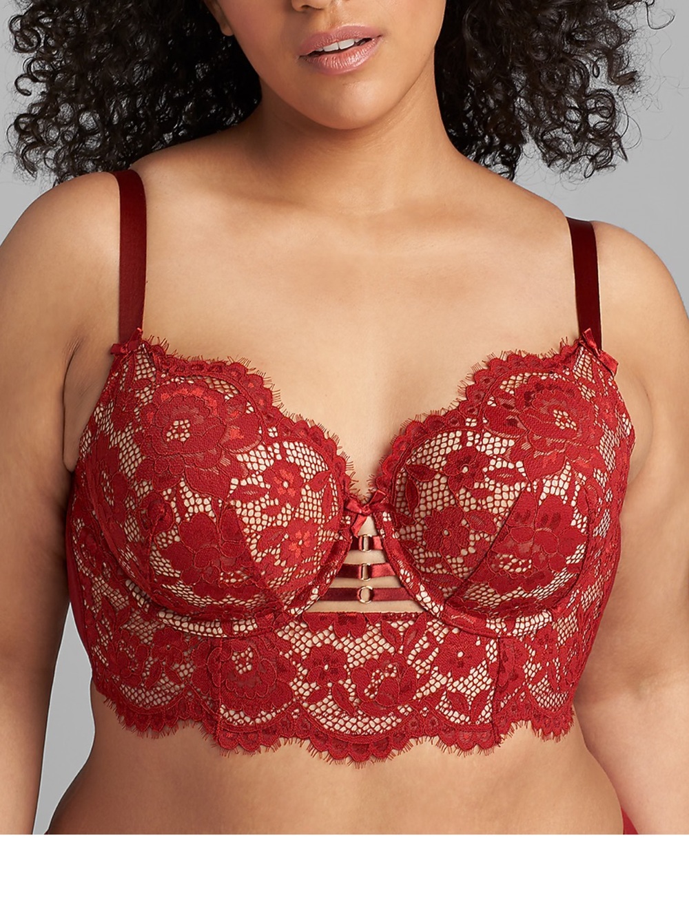 Cacique Scallop Lace Lightly Lined Longline Balconette bra Red Lace Size 42F
